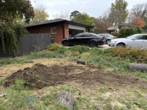 A residential yard with tree debris and disturbed ground after tree removal services by Rooted Tree & Home Services LLC in Des Moines, IA.