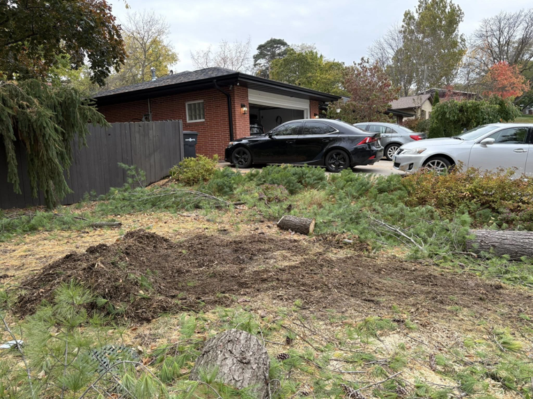 A residential yard with tree debris and disturbed ground after tree removal services by Rooted Tree & Home Services LLC in Des Moines, IA.