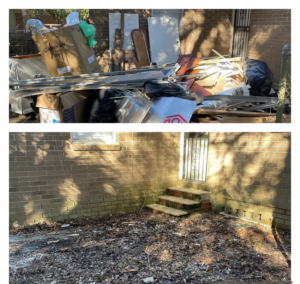 Before and after photos of yard debris and junk removal, showcasing the service by Duval Dumpster Rentals, LLC in Jacksonville, FL.