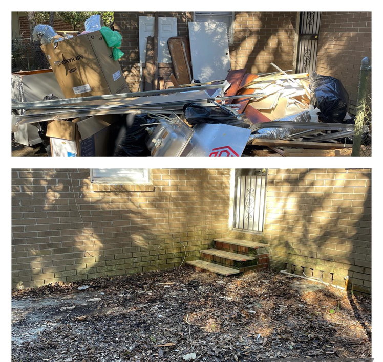 Before and after photos of yard debris and junk removal, showcasing the service by Duval Dumpster Rentals, LLC in Jacksonville, FL.