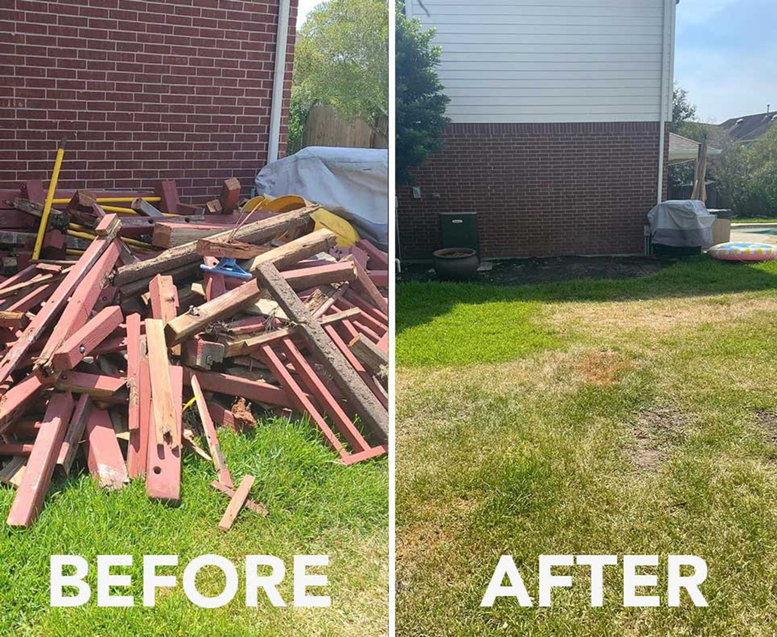 Before and after comparison of a yard with construction debris removed by Pro Junk Services LLC in Eugene, OR.