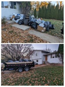 Before and after of a yard with trash bags and junk removed by Esule Services LLC - Anoka Junk Removal in Andover, MN.