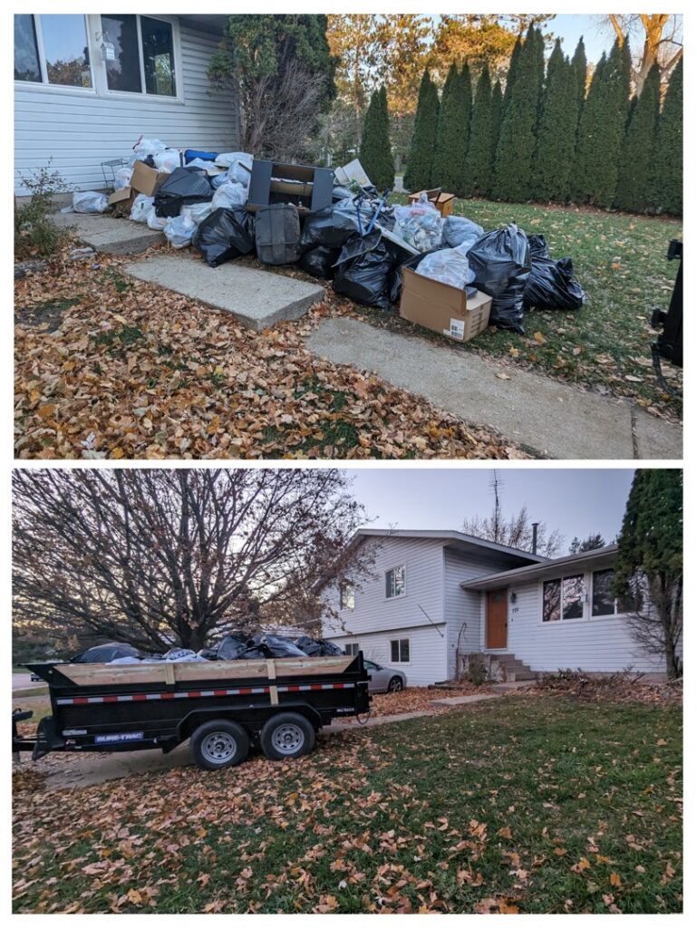 Before and after of a yard with trash bags and junk removed by Esule Services LLC - Anoka Junk Removal in Andover, MN.