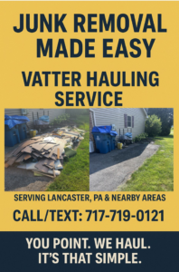Before and after photos of a successful yard junk removal job by Vatter Hauling Service in Lancaster, PA, showing a cleared area.