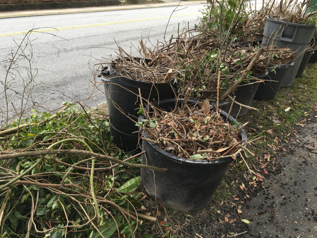 Multiple black bins filled with branches and yard waste, placed by the road for Junk Movers to collect in Salt Lake City, UT.