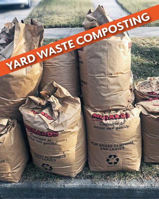A pile of brown paper bags filled with yard waste for composting, collected by Dirt Wain in Fort Wayne, IN.