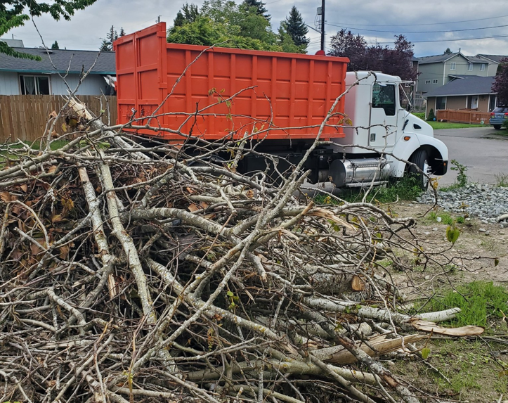 A large pile of yard waste next to a roll-off dumpster truck for pickup by ADE Hauling in Tacoma, WA