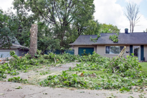 Extensive yard waste and tree debris in front of a house, indicating a large cleanup project by Trash Pandas llc in St. Charles, MO.