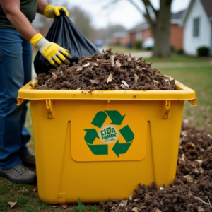 A person wearing gloves putting yard waste into a large recycling bin for Junk 2 Day in Roswell, GA.