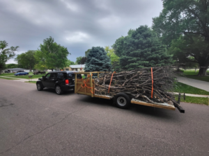 A trailer full of tree branches and yard waste being hauled by TrashnSell in Grand Island, NE