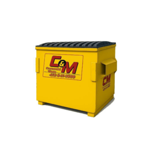 A bright yellow commercial dumpster with the C & M Commercial Waste LLC logo, ready for junk removal in McDonald, TN.
