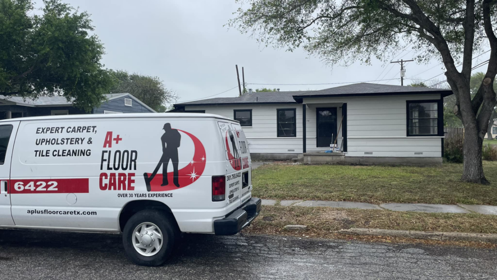 The A+ Floor Care service van parked in front of a residential home for a carpet cleaning appointment in Corpus Christi, TX.