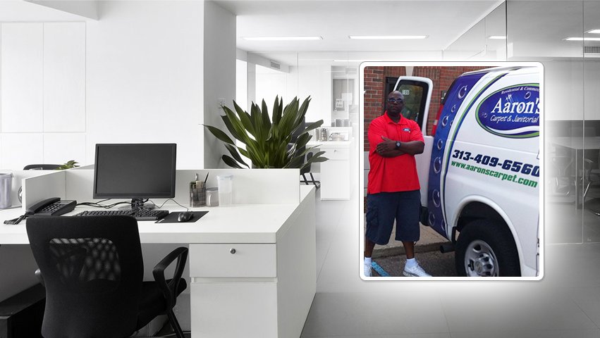 An Aaron's Carpet & Janitorial service van with a team member, shown alongside a carpeted office interior in Detroit, MI.