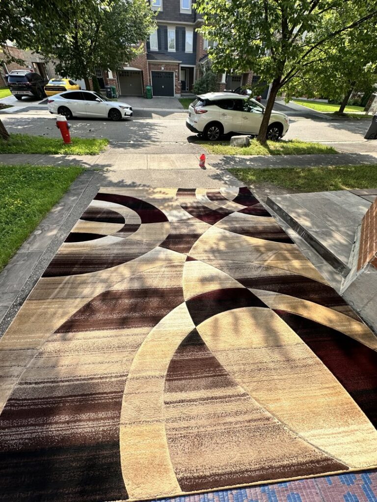 Large abstract patterned area rug laid out after cleaning by PROlific Cleaning Services LLC in Indianapolis, IN.