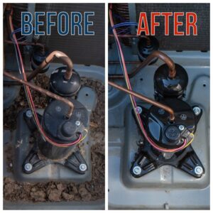 Before and after comparison of a cleaned AC compressor area by Equality State Heating & Cooling in Casper, WY.