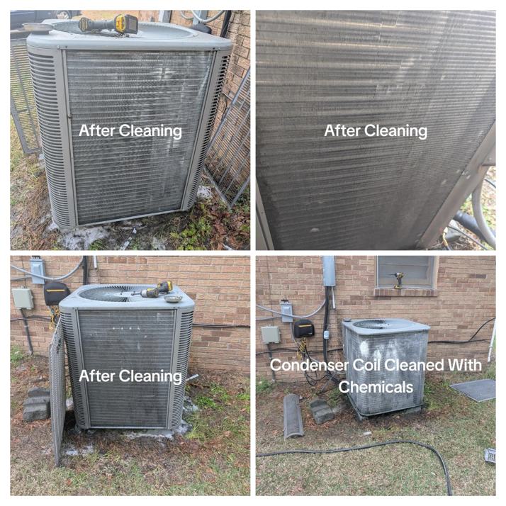 An outdoor AC condenser unit with clean coils after a professional cleaning by Prestige Heating Cooling & Appliances Llc in Sumter, SC.
