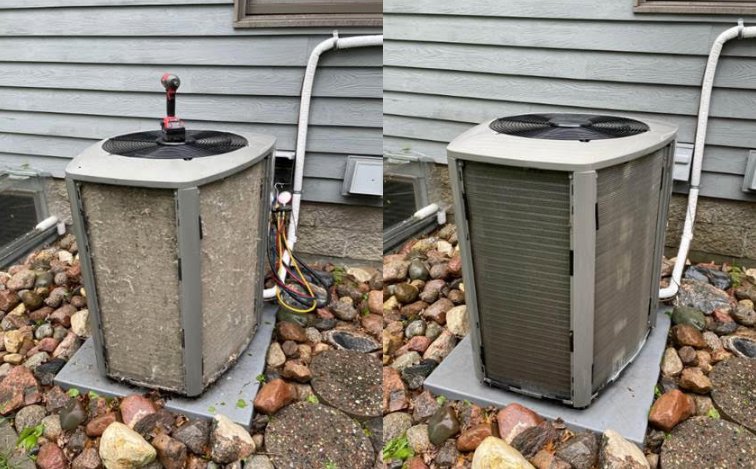 Before and after photos of an outdoor AC unit cleaning and maintenance by Aire Serv of Fargo, ND.