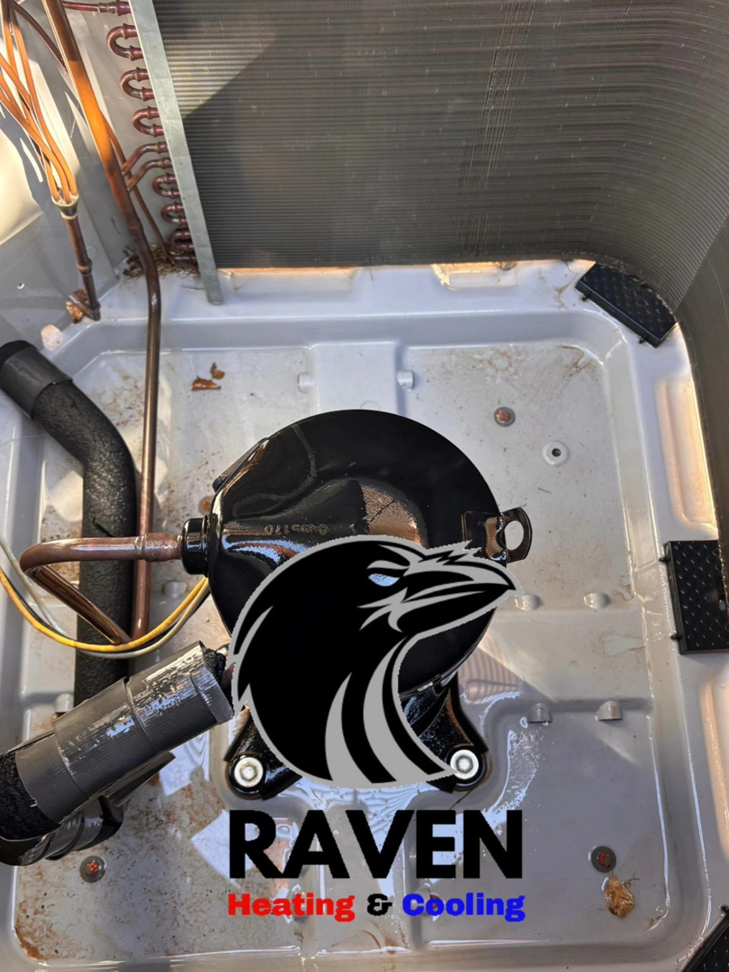 An HVAC technician performing a compressor repair on an outdoor AC unit for Raven Heating & Cooling in El Paso, TX.