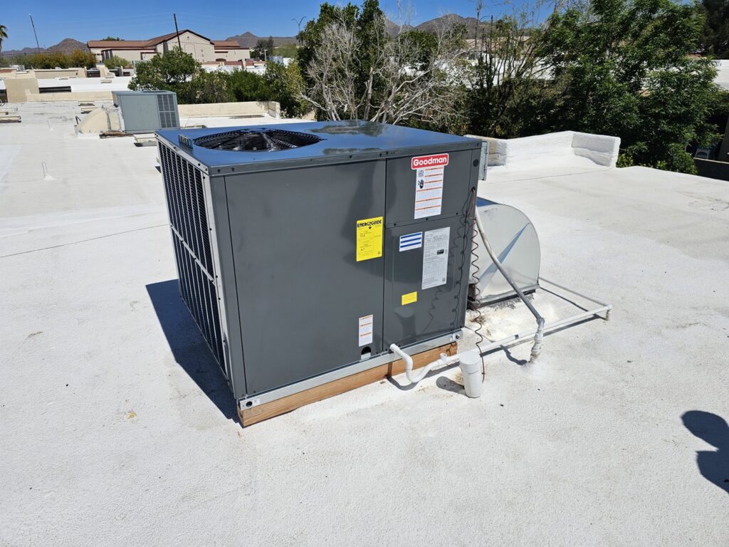 A close-up view of an outdoor AC unit fan, indicating repair or maintenance work by ASAP Air Conditioning and Heating in Mesa, AZ.