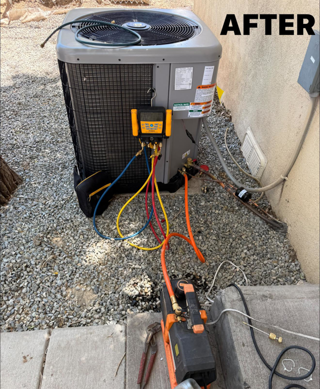 An outdoor AC unit with diagnostic tools connected during an installation or service by NM Heating and Air in Albuquerque, NM.