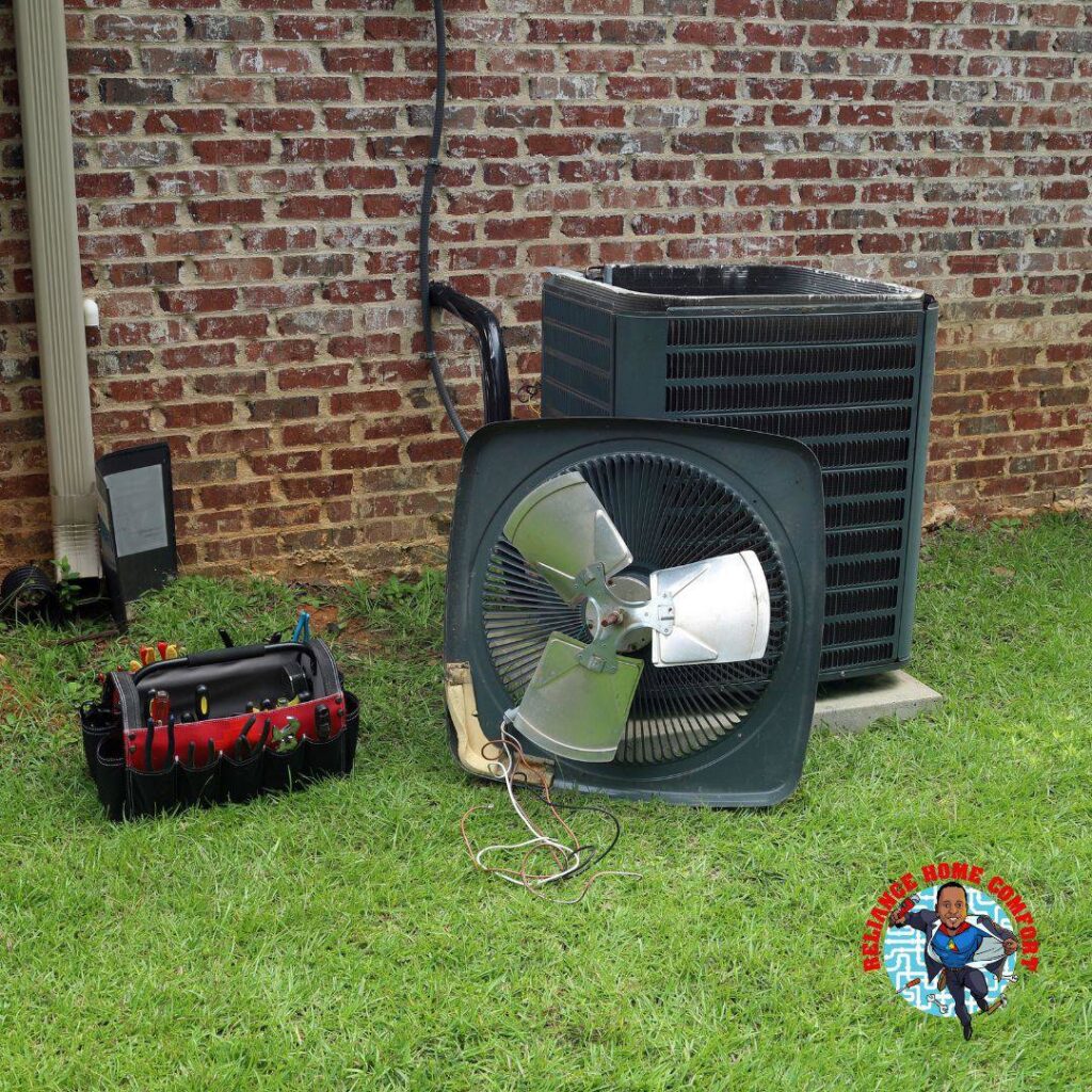 An outdoor AC unit undergoing repair or maintenance with its fan removed by Reliance Home Comfort in Hampton, VA.