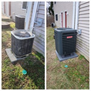 Before and after comparison of an old AC unit replaced with a new Goodman unit by Duct Pros in Martinsburg, WV