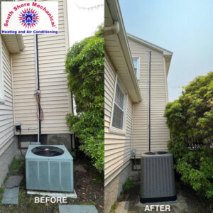 Before and after photos of an outdoor AC unit replacement by South Shore Mechanical in Abington, MA