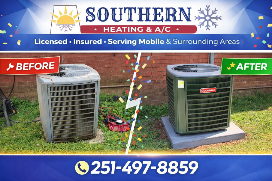 Before and after comparison of an old AC unit replaced with a new Goodman unit by Southern Heating & A/C LLC in Mobile, AL.