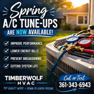 An outdoor AC unit with service gauges connected for a spring tune-up by Timberwolf HVAC in Corpus Christi, TX