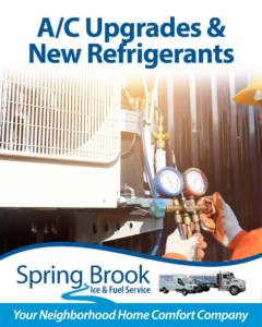 A technician performing A/C upgrades and refrigerant service on an outdoor unit for Spring Brook Ice & Fuel Service in New Britain, CT.