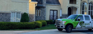 An Accurate HVAC service truck parked in front of a residential home in Vacaville, CA.