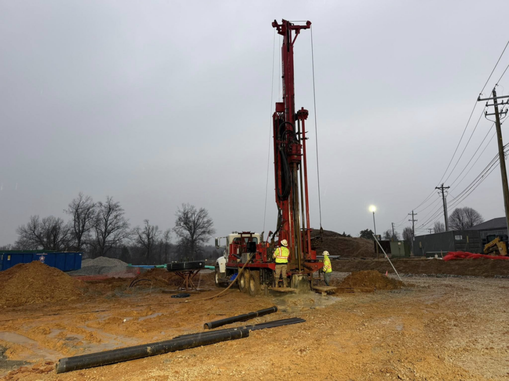 Workers performing an active geothermal drilling operation for Jackson Geothermal in Mansfield, OH.