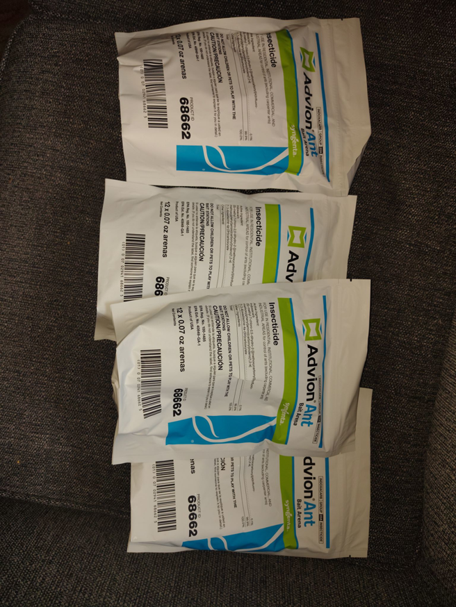 Packets of Advion Ant Insecticide, used for pest control services by Kingdom Pest Control & Services in Brooklyn Park, MN.