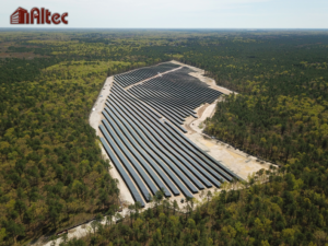 An aerial view of a large solar farm installation by Altec Building Systems in Point Pleasant, NJ