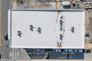 Aerial view of multiple rooftop HVAC systems on a commercial building by Brad Emberton's HVAC in Owensboro, KY.