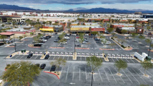An aerial view of a large Tesla Supercharger installation completed by Foxtrot Electric in Las Vegas, NV