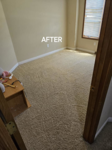 A freshly steam cleaned carpet in a bedroom after service by B&L Steam Clean & Water Extraction LLC in Columbia, MO