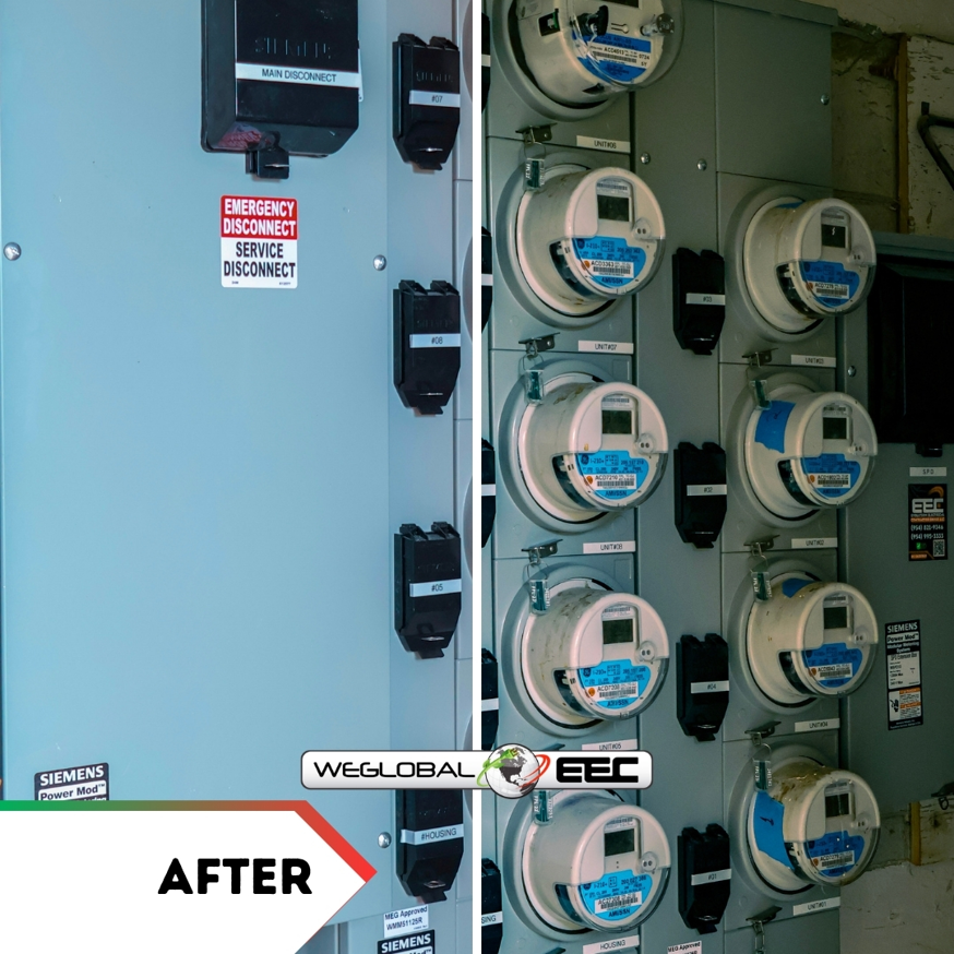 After an electrical upgrade, showing a new, clean electrical panel and multiple meters installed by Weglobal Technologies & EEC Electricals in Deerfield Beach, FL