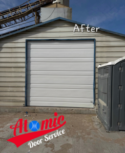 An 'After' photo showing a newly installed exterior garage door on a metal building, completed by Atomic Door Service in Tulsa, OK.