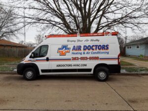 The branded service van for Air Doctors Heating and Air Conditioning, ready for jobs in Kenosha, WI.