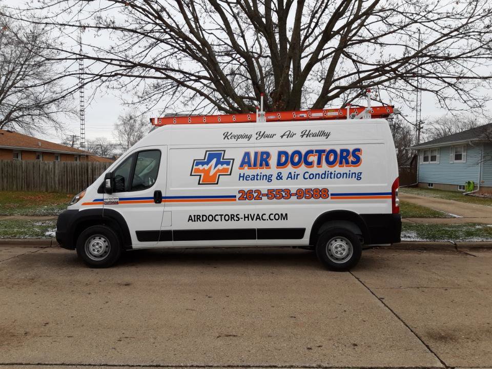 The branded service van for Air Doctors Heating and Air Conditioning, ready for jobs in Kenosha, WI.