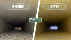 Before and after view of a dirty and clean air duct after service by Air Essentials in Madison, AL