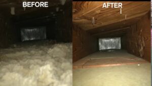 Before and after view of a professionally cleaned air duct by Dream Air Vent and Duct Cleaning in Des Moines, IA