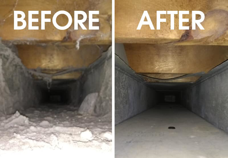 A before and after comparison of a dirty air duct cleaned by Maverick Hvac in Morehead City, NC.
