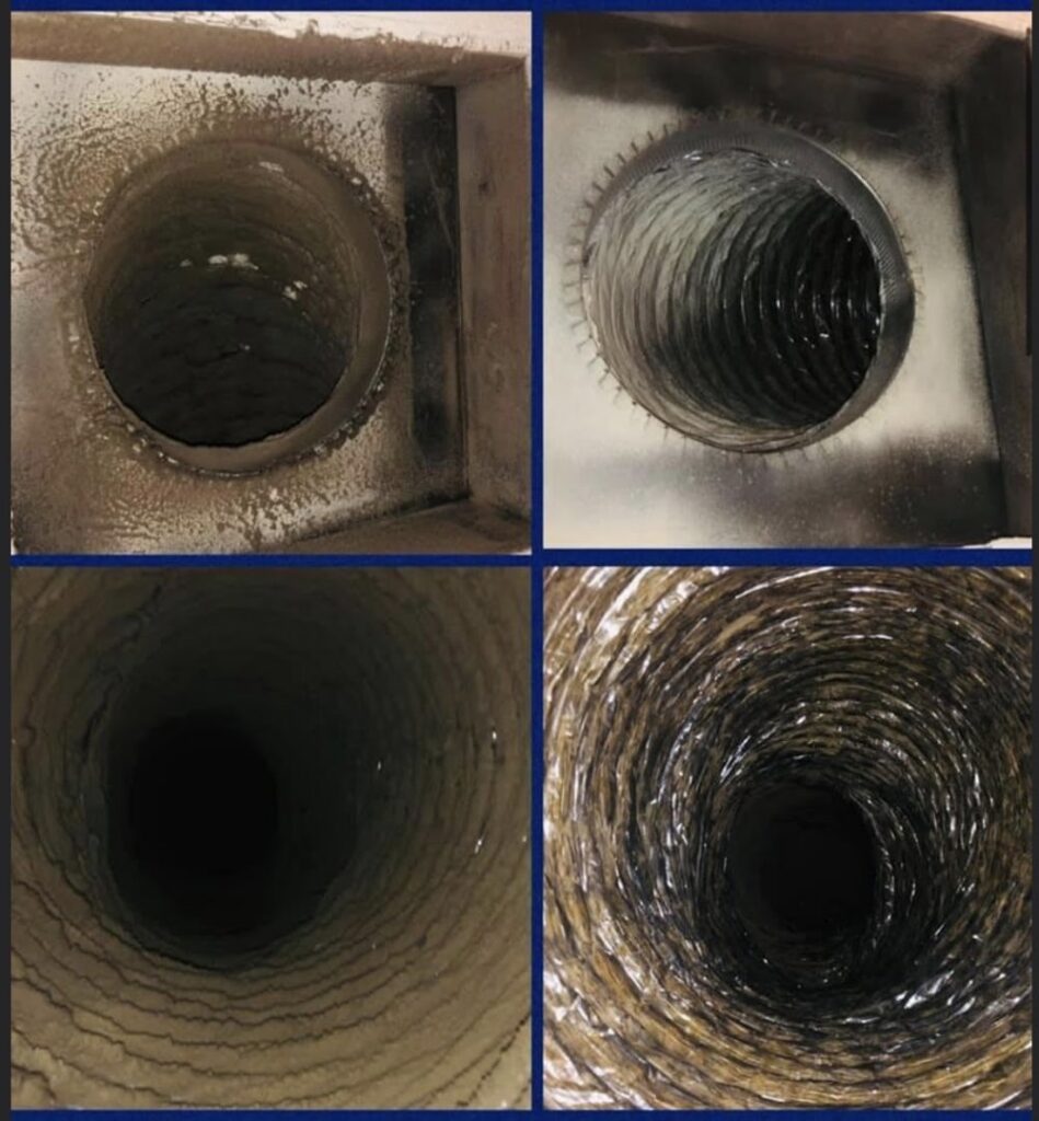 A collage showing before and after views of air ducts cleaned by Midwest Air Solutions in Indianapolis, IN