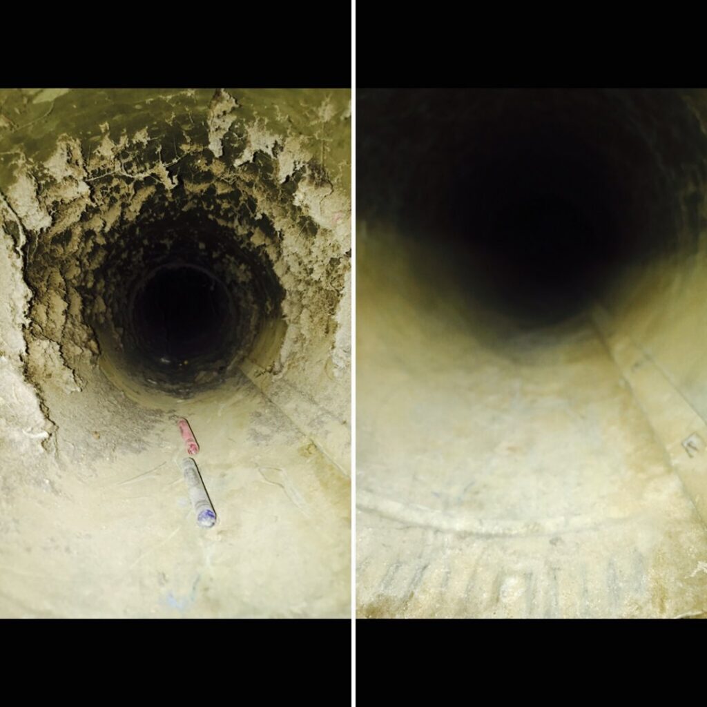 Before and after images of a residential air duct showing successful cleaning by Midwest Air Solutions in Indianapolis, IN