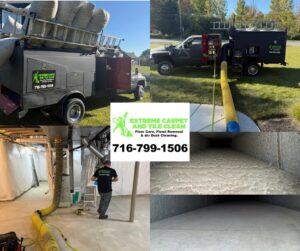 A collage showing air duct cleaning services, including equipment, a technician working, and before/after duct views by Extreme Carpet And Tile Clean in Alden, NY