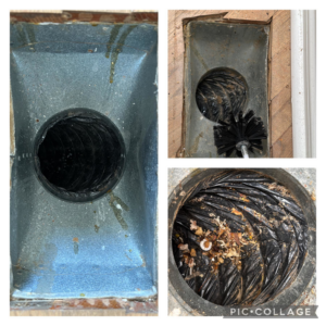 Air duct cleaning in progress, showing a brush inside a dirty duct and collected debris, by Murray's General Services in Goose Creek, SC.