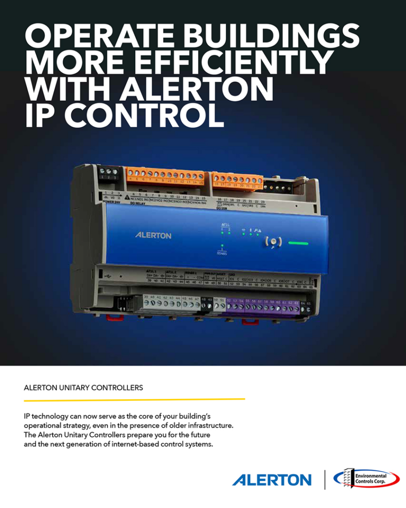 A close-up of an Alerton unitary controller, a key component for HVAC system automation by Environmental Controls Corp. in Tigard, OR.