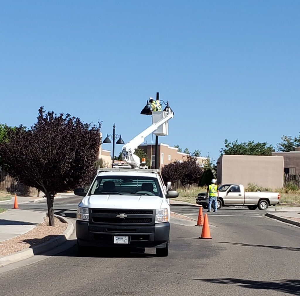 Allied Electric repairing a street light with a bucket truck in Sparks, NV.